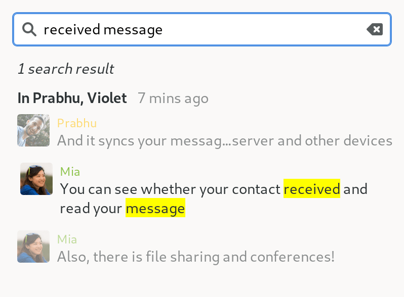 La recherche de messages de Dino, avec les résultats surlignés