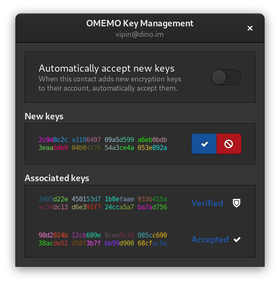 La fenêtre de gestion des clés OMEMO de Dino